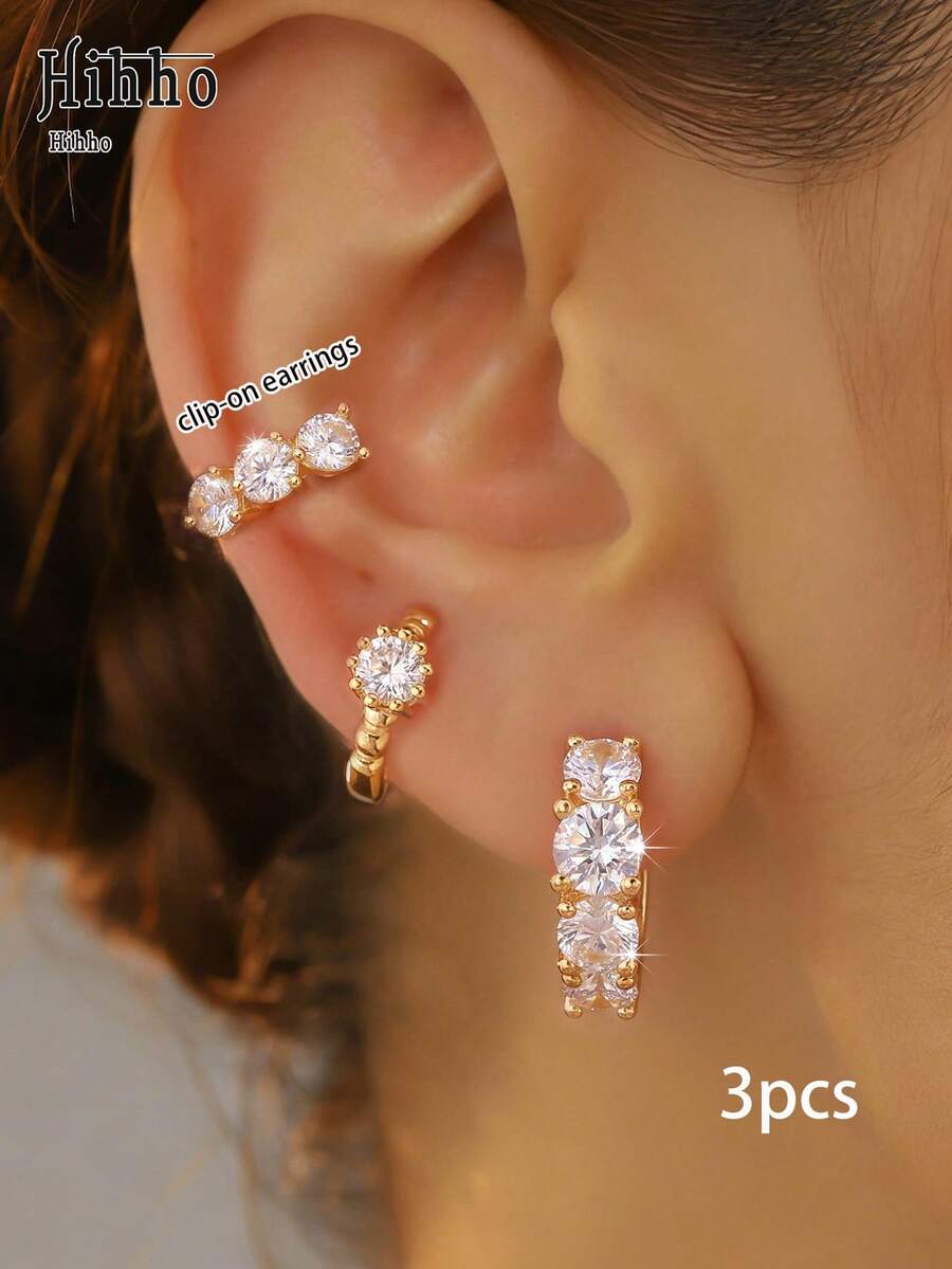 Hihho Bộ 3 kẹp tai và bông tai thời trang tinh tế đa năng, bông tai nhiều lỗ đục xếp lớp đính zirconia lấp lánh cho nữ, phù hợp đi làm hàng ngày, tiệc lễ hội, làm quà tặng trang trí - Bộ kẹp tai - Xem 1