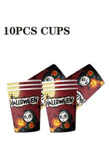 Juego de 50 piezas de vajilla desechable para Halloween, platos de papel, vasos y servilletas con estampado de casa embrujada, calabaza, murciélago y Trick or Treat, tema clásico de Halloween naranja, suministros para fiesta infantil, elementos esenciales para la decoración de la mesa de cena familiar de Halloween - Multicolor - Ver 4