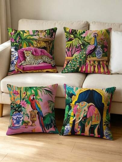 4 Buah Sarung Bantal Motif Tropis dengan Rumput Hijau dan Merah Muda, Gajah, Burung Hantu, dan Tanaman, Dilengkapi Resleting, Cetak Satu Sisi, Dapat Dicuci dengan Mesin, Cocok untuk Dekorasi Balkon, Taman, Kursi Gantung, dan Sofa