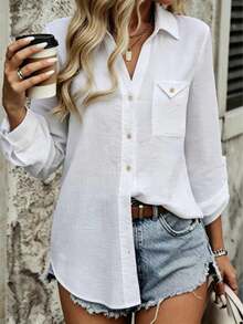 Women's White Long Sleeve Button-Front Polyester Shirt, Casual Regular Length Blouse, Shirt Collar, Suitable For Autumn Daily Wear - White - View 7