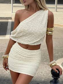 Women's Sexy Asymmetric Neckline Ruched 2 Pieces Set, White Semi-Sheer Crochet Crop Top And Mini Skirt, Suitable For Summer Party - Apricot - View 8