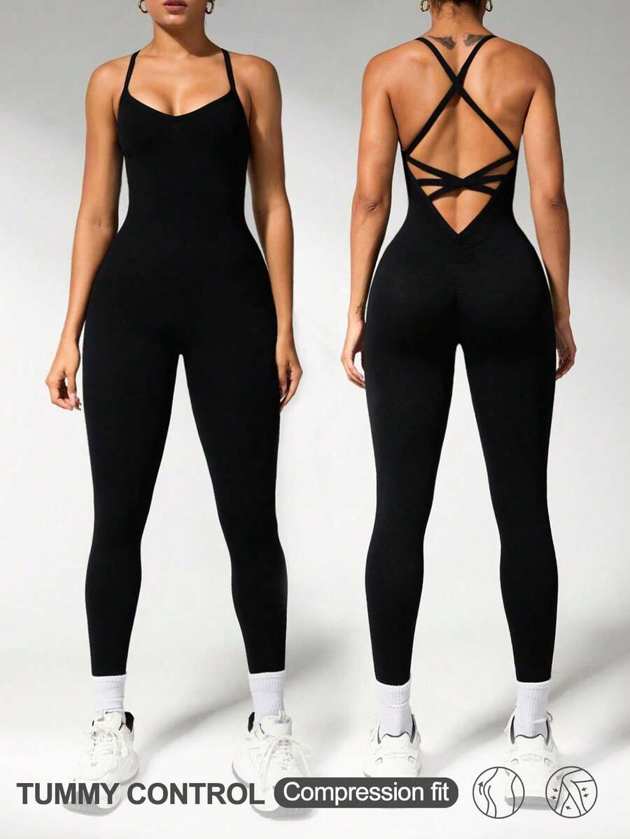 Women's Solid Color V-Shaped Criss-Cross Back Waist Minimalist Casual Jumpsuit Fitness Tight Bodysuit Sports Set Black - Black - View 1