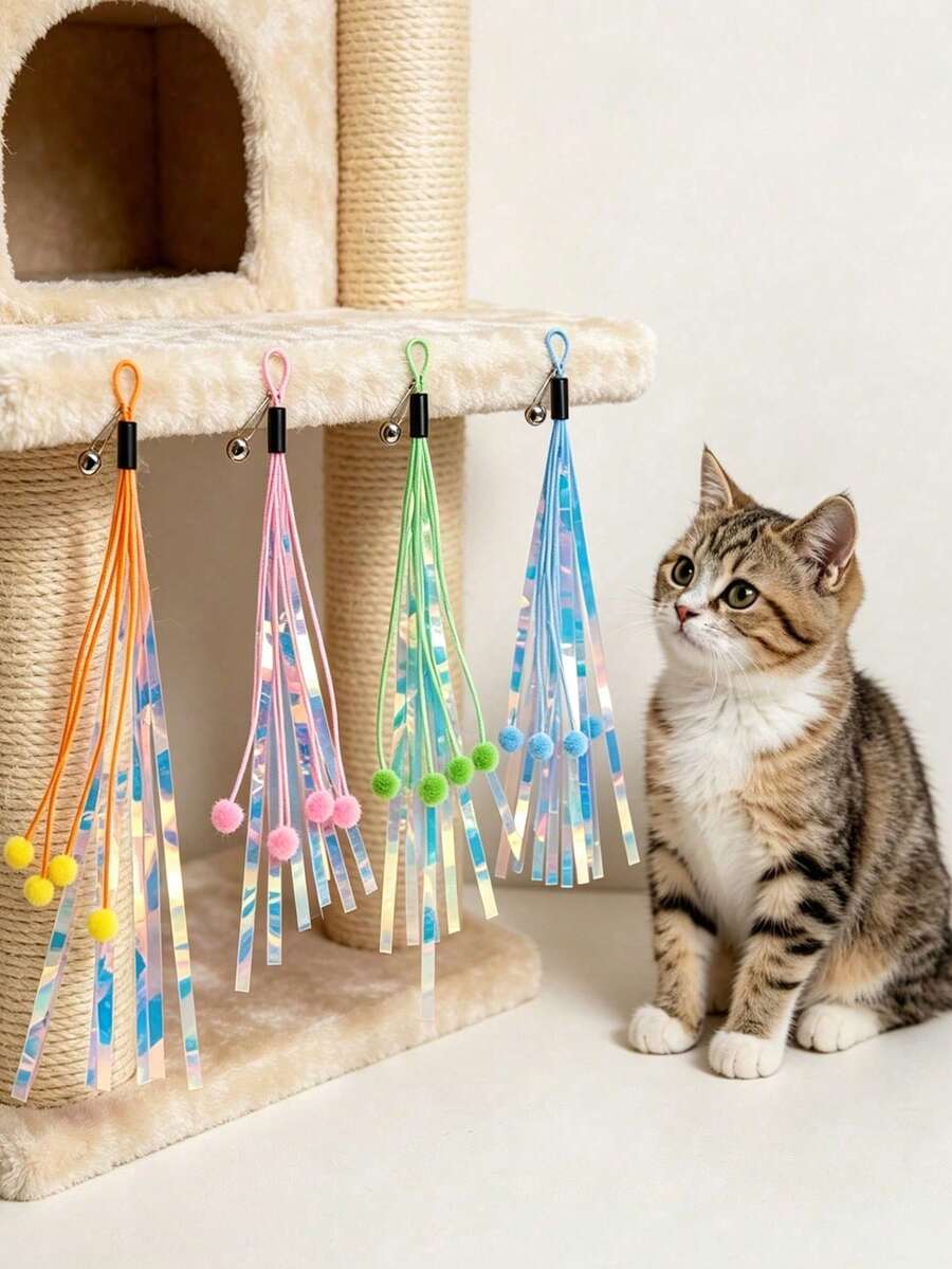 3-1pc Hanging Cat Toy With Bell And Plush Ball, Shiny Tassel Decoration, Interactive Cat Teaser Toy To Help Cats Exercise, Strengthen Bond Between Owner And Pet, Relieve Pet Boredom - Multicolor - View 1