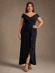 EVERPRETTY Women's Plus Size Elegant V-Neck Sleeveless Pleated Ruffle Asymmetrical Hem Midi Formal Dress, Suitable For Party, Evening Gala, Wedding Guest - Black - View 7