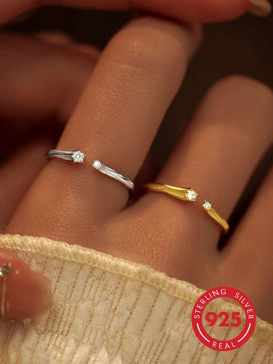1pc 925 Sterling Silver Minimalist Cubic Zirconia Star Geometric Line Design Ring, Suitable For Daily Wear, Women's Wedding Party, Birthday Gift, Valentine's Day Gift