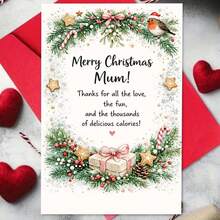 1 Greeting Card + 1 Envelope Warm Festive Christmas Greeting Card, Robin And Gift Box Design "Merry Christmas Mum", For Mother, Winter Holiday Watercolor Style. - View 9