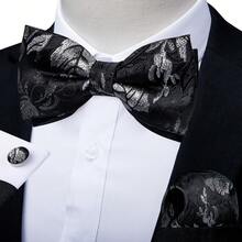 5件組男士黑色熱帶花卉圖案領結口袋巾可拆卸袖扣戒指胸花套組，袖扣隨機圖案，婚禮配件 - 黑色 - 查看 5