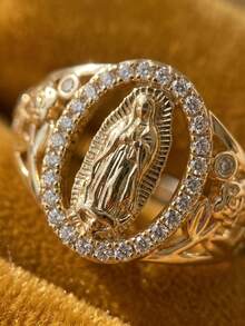 Vintage Unique Guadalupe Virgin Mary Cubic Zirconia Rings Daily Vacation, Birthday, Anniversary Jewelry Gift - Gold - View 2