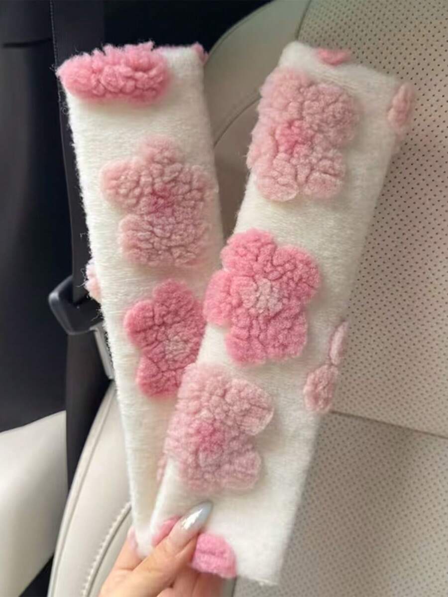 Pelindung Bahu Sabuk Pengaman Mobil Motif Bunga Wol Domba, Lembut dan Bernapas - A - View 1