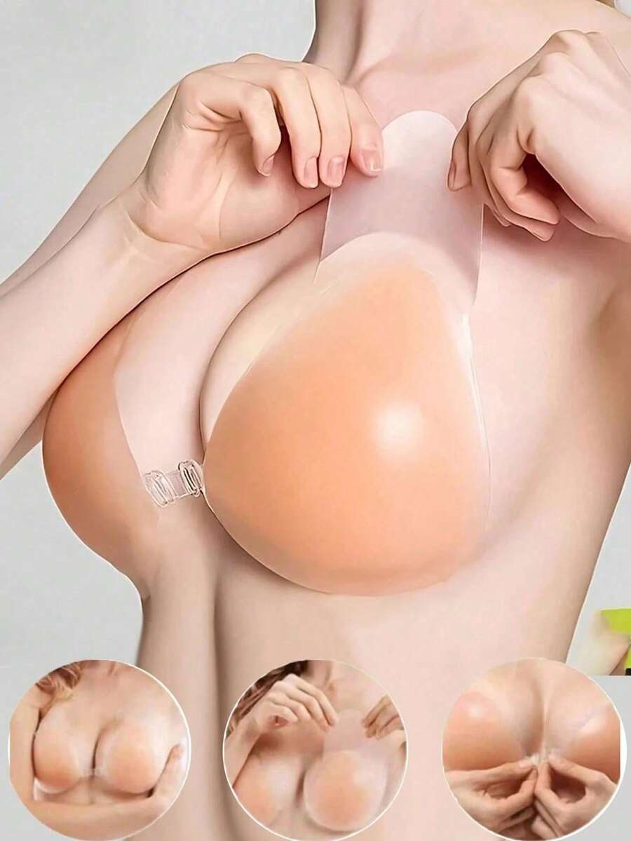 1 Pair Silicone Invisible Strapless Bra, Reusable Lift Silicone Nipple Covers, Invisible Front Closure Self-Adhesive Gather Nipple Covers, For Women - Champagne - View 1