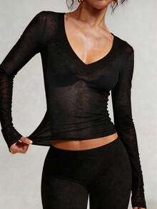 FLEXCHIC Plus Size Y2K Stretchy See-Through Long Sleeve V-Neck Slim Fit T-Shirt Going Out Top, Perfect For Casual Or Chic - Black - View 2