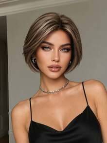 Wig Bob Pendek Wanita 8 Inci, Rambut Sintetis, Gaya Bob Berlapis Cokelat Alami, Wig Rambut Pendek Lurus Belahan Samping, Cocok untuk Pemakaian Sehari-hari dan Pesta - MultiWarna - View 1