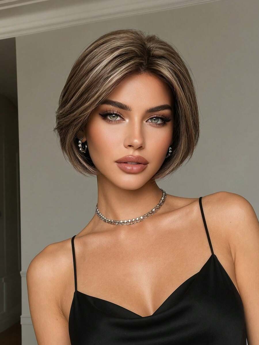 Wig Bob Pendek Wanita 8 Inci, Rambut Sintetis, Gaya Bob Berlapis Cokelat Alami, Wig Rambut Pendek Lurus Belahan Samping, Cocok untuk Pemakaian Sehari-hari dan Pesta - MultiWarna - View 1