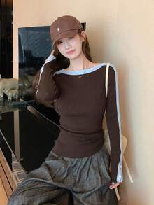 Contrast Color Ribbed Off-Shoulder Split Sleeve Slim Fit Knit Top - Coffee Brown - View 5