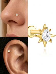 1Pc 925 Sterling Silver Eight-Pointed Star CZ Nose Stud Flat Back Hypoallergenic Body Cartilage Piercing Jewelry For Women Men Daily Wear & Gifts - Gold - View 2