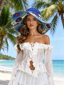 1 buah Topi Matahari Jerami Wanita, Topi Pantai Bertepi Lebar untuk Musim Semi/Panas, Perlindungan Matahari, Liburan, Gaya Bohemian - Biru laut - View 4