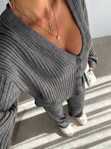 Set Sweater Wanita 2 Potong Musim Gugur Musim Dingin, Kancing, Leher V, Lengan Panjang, Kardigan dan Celana Panjang Lebar, Set Pakaian Santai, Potongan Longgar, Kasual, Set Rajut 2 Potong Musim Gugur - Grey - View 3