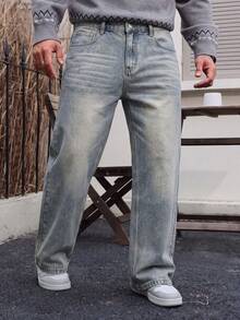 1pc Men's Loose Wide Leg Denim Jeans, Fashion Suitable For Daily Wear - Baby Blue - View 2