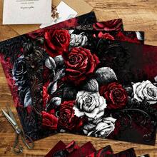 2D FLAT Baroque Relief Red & Black Rose Decorative Paper 24 Sheets 6*6 Inch Vintage Dark Pattern Scroll Black & White Rose Distressed Scrapbook Background Paper Gothic Dark Atmosphere Material Niche Vintage Scrapbook, Dark Valentine's Day Card, Decorative Painting, Anniversary Gift Wrapping DIY Material - Square - View 4