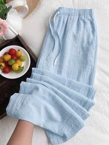 Women's Summer Lightweight Breathable Casual Pants, Light Blue Elastic Waist Drawstring Loose Drape Lazy Wide Leg Long Pants - Baby Blue - View 4