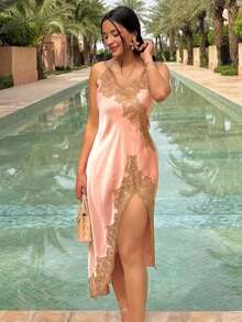Vestido de tirantes finos con ribete de encaje rosa casual y elegante para mujer GMFP, verano/otoño, uso diario, vacaciones, Halloween, Navidad - Carne - Ver 6