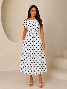 ChicMe Women Polka Dot Skew Neck Midi A Line Dress Retro Pleated Waist Pocket Sundress Elegant Date Party Wear - White - View 7