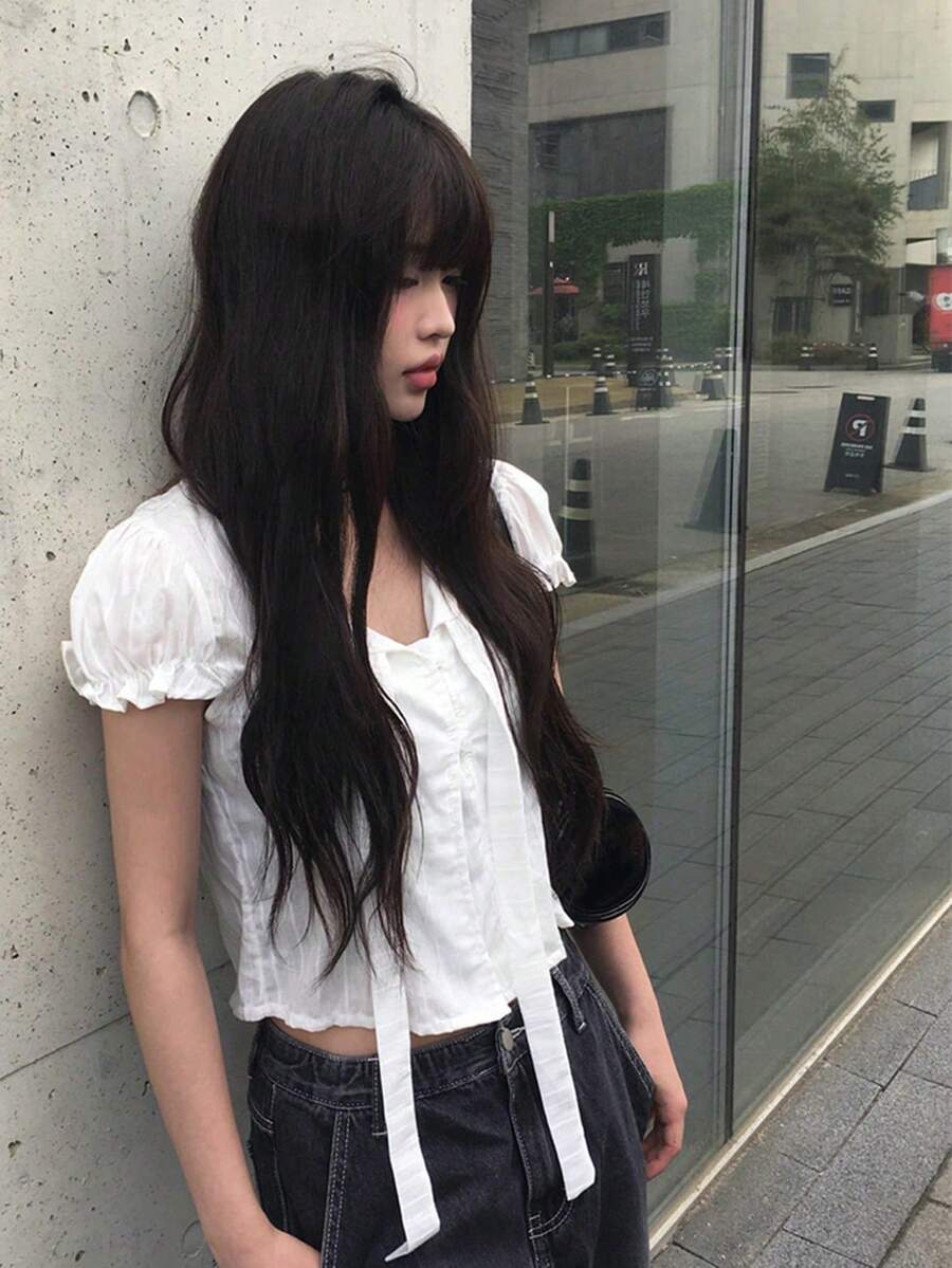 韓系甜美蝴蝶結領花瓣袖短版上衣 白色夏季款 - 白色 - 查看 1
