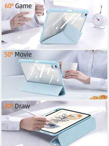 1本筆記本，白色冰藍塗漆平板電腦保護殼，相容於 iPad Mini6/7/Air/Air2/9.7/10.2/10.5/10.9 (Air4-Air8)/Pro 11/10th Gen/A16/Pro 11 2024 機型，可折疊平板保護殼，附壓克力背殼，8角度支架，磁吸休眠/喚醒，內置筆槽，不含筆，部分機型附相機框 - 白冰藍 - 查看 11