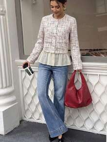 Women's French Elegant Tweed Cardigan, Round Neck Colorful Button-Up Patchwork Ruffle Mesh Hem Contrast Buttons Elegant Jacket - Apricot - View 3