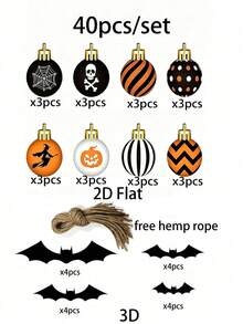 40pcs/Set Halloween Hanging Ball Decorations, Black Orange White Spider Web Witch Hat Black Cat Boo Pumpkin Pattern Spherical Ornaments, Outdoor Garden Tree Decor, Halloween Party Home Front Porch Decoration, Halloween Spherical Pendant Decorative Supplies - Multicolor - View 10