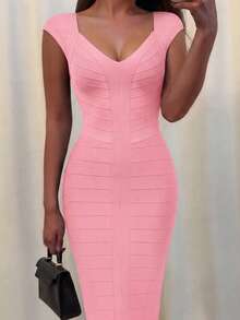 Pink Satin Midi Dress For Women, Sleeveless Fitted Elegant Sexy Ribbed Cocktail Party Dress, Spring/Summer Fashion - Pink - View 5