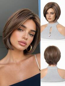 Wig Bob Pendek Wanita 8 Inci, Rambut Sintetis, Gaya Bob Berlapis Cokelat Alami, Wig Rambut Pendek Lurus Belahan Samping, Cocok untuk Pemakaian Sehari-hari dan Pesta - MultiWarna - View 12