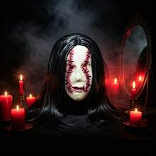 1pc Horror Stitched Face Ghost Mask With Long Black Hair, Female Ghost Cosplay Mask, Halloween Party Haunted House Costume Prop - Multicolor - View 2