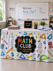 1 pieza Falda de mesa del club de matemáticas de vuelta a la escuela, mantel plisado con patrón de papel cuadriculado, regla numérica, calculadora y geometría, con cierre de gancho y bucle, antiarrugas y lavable, adecuado para escritorio de profesor de aula, actividad educativa, decoración de soporte de exhibición escolar - Multicolor - Ver 9