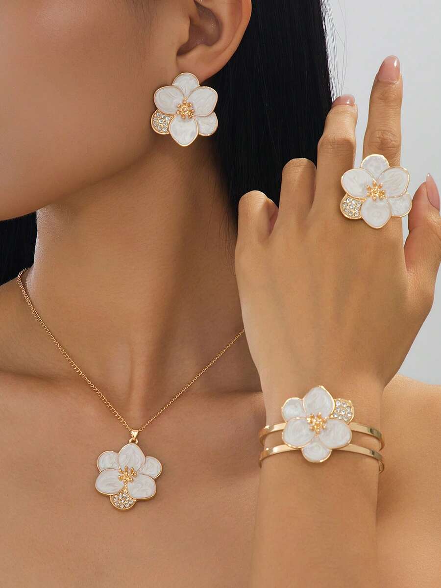 1 Set Minimalist Elegant Versatile Oil Drop Floral Women's Bracelet Ring Earrings Pendant Set Suitable For Daily Wear And Vacation, Women's Date Valentine's Day Gift - White - View 1