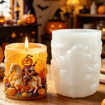1 khuôn silicon hình trụ xoắn Halloween bí ngô hiệp sĩ ngựa trắng, khuôn đúc thủ công DIY cho nhựa resin, thạch cao, đất sét, xi măng, bê tông, phù hợp làm đồ trang trí, nến, decor không gian bàn làm việc, trang trí nhà cửa, quà tặng handmade cho Valentine, Ngày của Mẹ, Ngày của Cha, Giáng sinh, Halloween