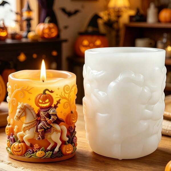 1 khuôn silicon hình trụ xoắn Halloween bí ngô hiệp sĩ ngựa trắng, khuôn đúc thủ công DIY cho nhựa resin, thạch cao, đất sét, xi măng, bê tông, phù hợp làm đồ trang trí, nến, decor không gian bàn làm việc, trang trí nhà cửa, quà tặng handmade cho Valentine, Ngày của Mẹ, Ngày của Cha, Giáng sinh, Halloween