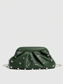 Vintage-Style Pleated Clutch With Rivet Decoration, Ruffled, Cloud-Patterned Beach Bag For Women, Fashionable Clutch Handbag With Chain Strap - 綠色 - 查看 6
