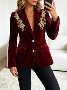 Women's Autumn/Winter Elegant Commute Holiday High-Quality Composite Velvet Fabric Single-Breasted Gold Thread Embroidered Fitted Long Sleeve Blazer - Burgundy - View 3