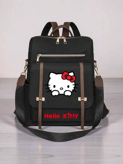 SANRIO 1件裝 Hello Kitty 女款機能後背包，黑色大容量多口袋包，附前拉鍊與可調節肩帶，適用工作、旅行與日常使用