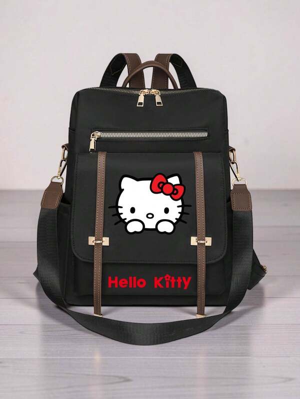 SANRIO 1 pieza Mochila funcional Hello Kitty para mujer, bolsa negra de gran capacidad con múltiples bolsillos, cremallera delantera y correa ajustable para trabajo, viajes y uso diario