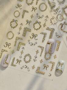 1Sheet Gold Metallic Crystal Mini Baroque Frame Nail Stickers, Bow Moon Tiny Rhinestone 3D Embossed Self Adhesive Nail Art Decals - 金色 - 查看 2