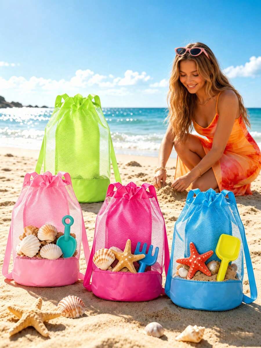 XD Children's Large Capacity Mesh Beach Bag, Can Store Beach Toys, Breathable Nylon Drawstring Backpack, Suitable For Kids In Pool And Outdoor Sports, Blue