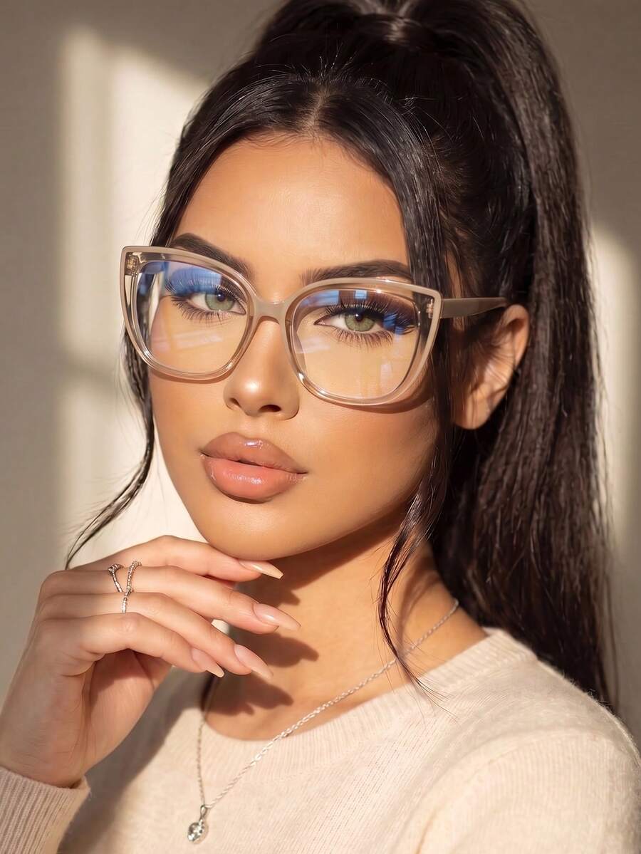 1對女款大框性感貓眼時尚街頭風裝飾透明鏡片眼鏡 - 香檳畫咖 - 查看 1