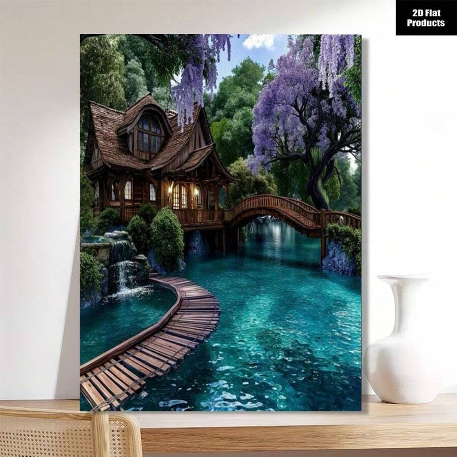新品上市！5D全圓鑽繪套裝【紫藤花湖畔森林小屋】適合成人與初學者 DIY 無框鑽石藝術，居家牆面裝飾手工藝，節日禮物