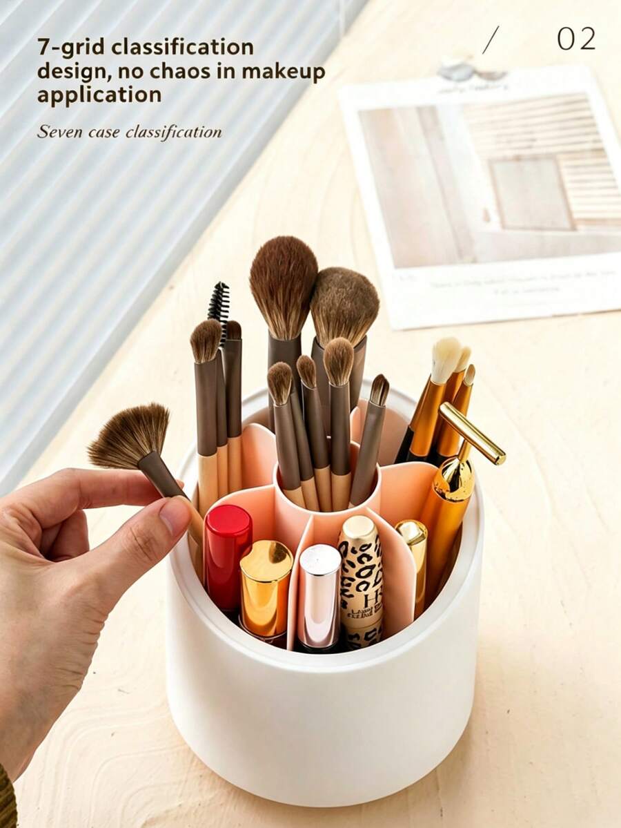 360° Rotating Makeup Brush Holder With Dust-Proof Transparent Lid, 7-Compartment Large Capacity Cosmetic Storage Box, Detachable And Easy To Clean, Suitable For Bathroom, Bedroom, Desktop, Vanity,Bedroom Room Decor,Back To School - Multicolor - View 1