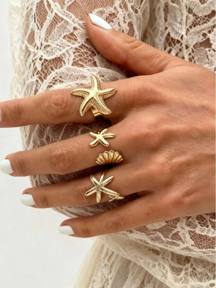1 Set de 3 Piezas Anillos de Vida Marina Elegantes con Estrellas de Mar y Conchas, Adecuados para Usar en Vacaciones de Playa - Dorado - Ver 1