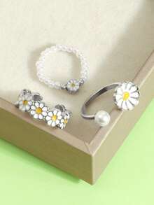 3 piezas/Set Anillos de Perla Margarita para Mujeres, Estilo Mori Minimalista Dulce y Fresco, Anillo Abierto de Diseño de Nicho Apilable para el Dedo Índice - Multicolor - Ver 4
