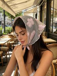 1 pieza Pañuelo triangular de malla transparente estilo francés romántico con bordado floral color macaron dopamina, accesorio versátil para el cabello de mujer estilo calle dulce para vacaciones en la playa - Multicolor - Ver 2