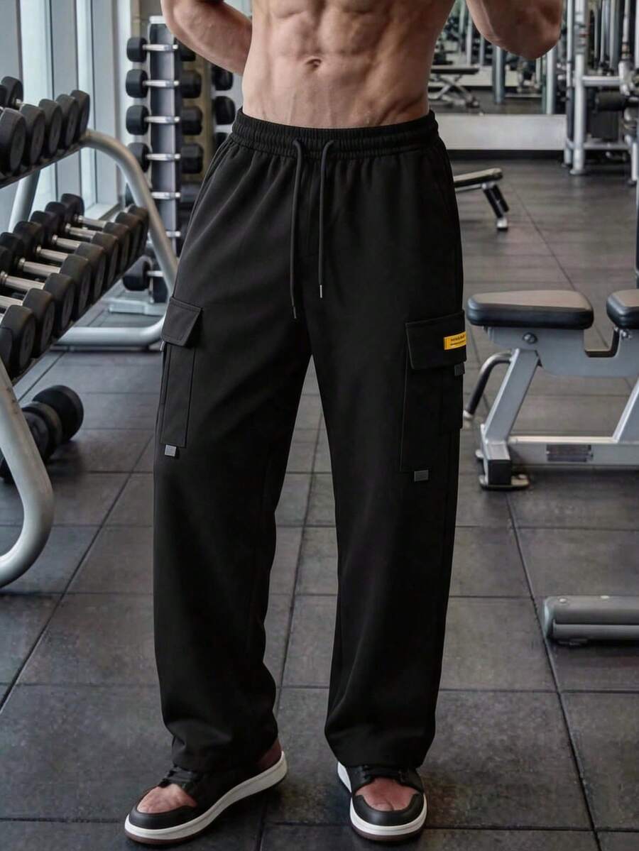 Pantalones largos casuales de moda minimalista de pierna recta para deportes al aire libre de otoño para hombres, fitness diario, color negro - Negro - Ver 1